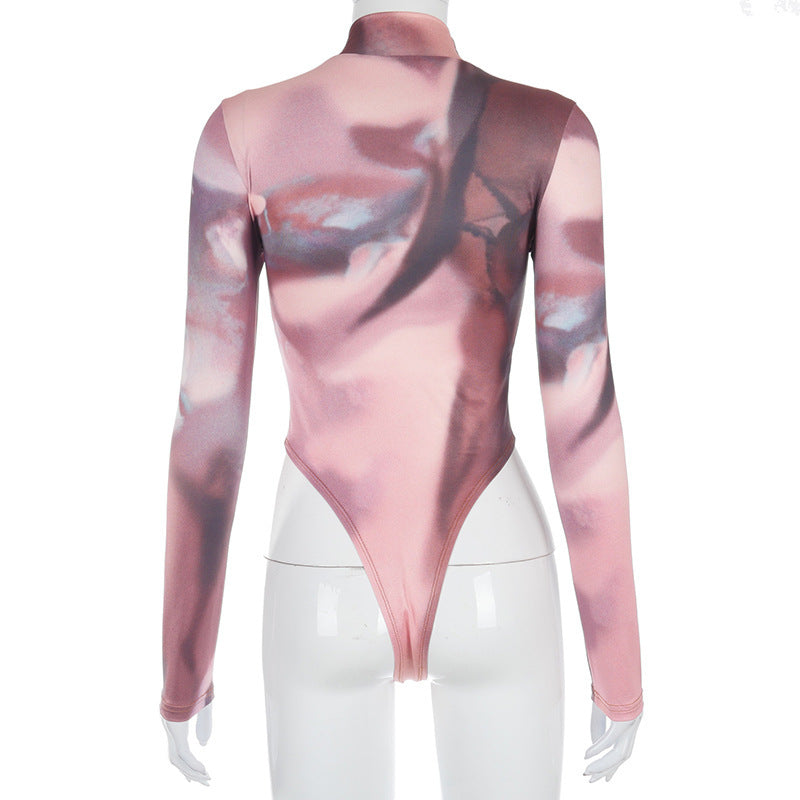 New Round Neck Pullover High-Fork Printing Long-Sleeved Slim Bottoming Bodysuit Women