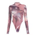 New Round Neck Pullover High-Fork Printing Long-Sleeved Slim Bottoming Bodysuit Women