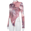 New Round Neck Pullover High-Fork Printing Long-Sleeved Slim Bottoming Bodysuit Women