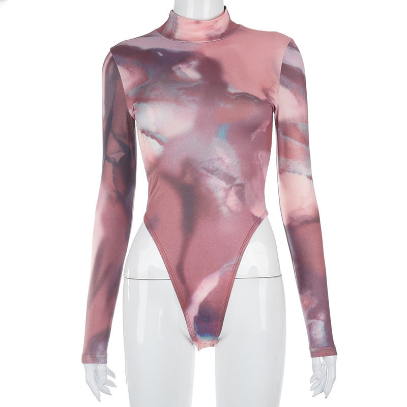 New Round Neck Pullover High-Fork Printing Long-Sleeved Slim Bottoming Bodysuit Women