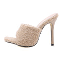 Square Head Hairy Drag High-Heeled Sandals And Slippers