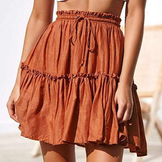 Retro Drawstring Casual Ruffled Beach Skirt