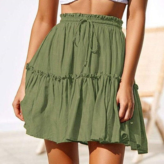 Retro Drawstring Casual Ruffled Beach Skirt