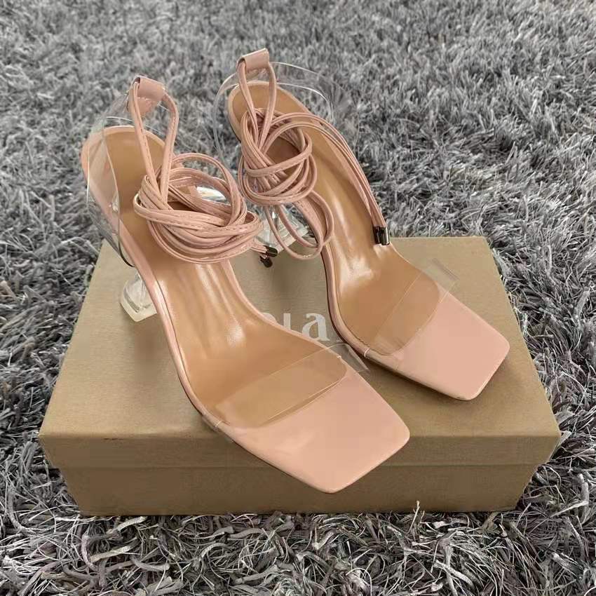 European And American Square Toe Strap High Heel Sandals