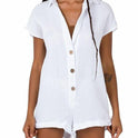 Ladies Summer Jumpsuit Solid Color V-neck Short-sleeved Buttons Cotton And Linen Casual