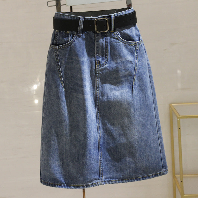 Blue Denim Midi Skirt Female High-waisted Split A-line Skirt