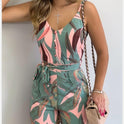 V neck Sling Print Striped Tie Jumpsuit