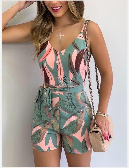 V neck Sling Print Striped Tie Jumpsuit