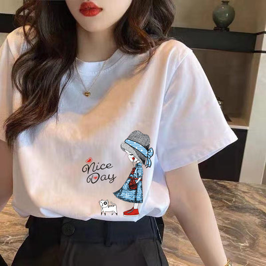 Pure Cotton Women's Loose Slim Round Neck Top Cartoon Print Short-Sleeved Ins Summer T-Shirt New Trend