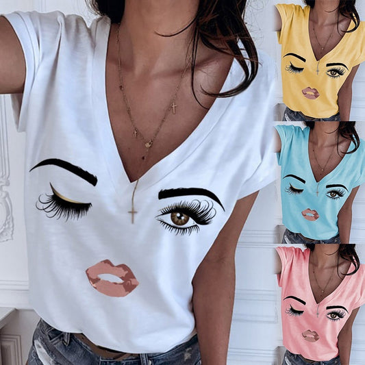 Cartoon Print Simple V Neck All Match Blouse Women