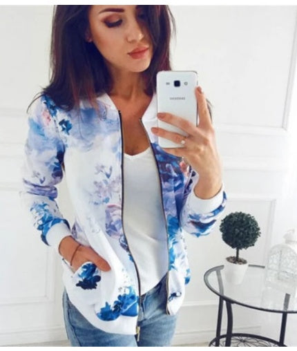 Fashion Printed Round Neck Zipper Long Sleeve Coat