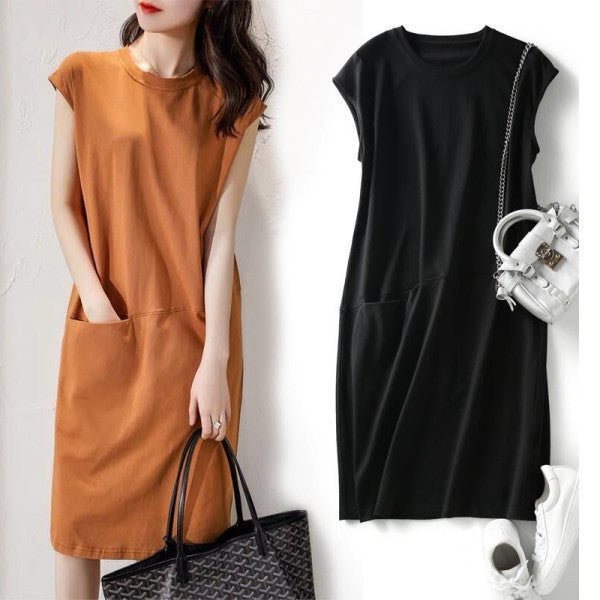 Loose And Thin Solid Color T shirt Pocket Dress