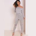 One Line Collar Oblique Shoulder Jumpsuit Feminine Sense Of Ripped Leggings