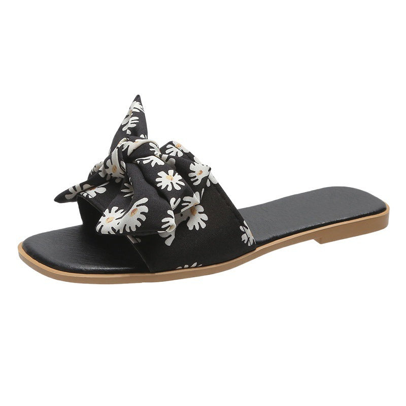 Casual Fashion Small Daisy Bow Woven Slippers Small Fresh One-word Sandals