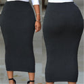 Solid Color Elastic Waist Bag Hip Tight Skirt Mid-length Skirt