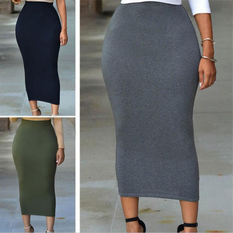 Solid Color Elastic Waist Bag Hip Tight Skirt Mid-length Skirt