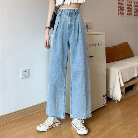 Korean Style Lace High Waist Jeans Women Loose Straight Wide Leg Pants Trousers