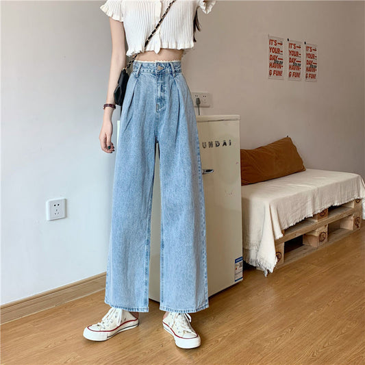 Korean Style Lace High Waist Jeans Women Loose Straight Wide Leg Pants Trousers