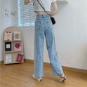 Korean Style Lace High Waist Jeans Women Loose Straight Wide Leg Pants Trousers