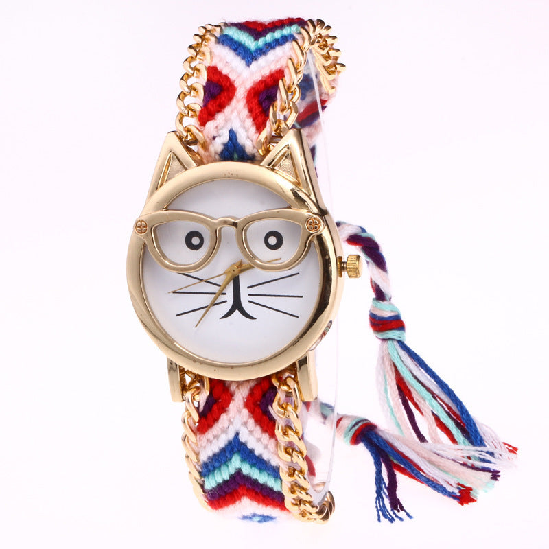 Diy Hand-Knitted Woolen Chain Ears Cat Face Glasses Watch New Ethnic Style Woven Ladies Bracelet Watch