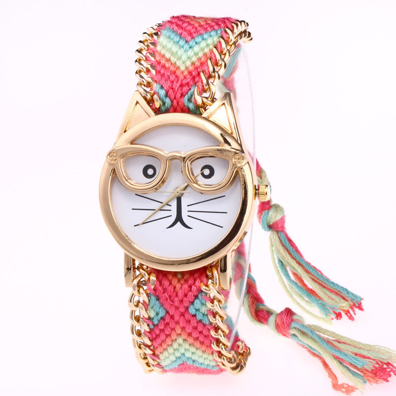 Diy Hand-Knitted Woolen Chain Ears Cat Face Glasses Watch New Ethnic Style Woven Ladies Bracelet Watch