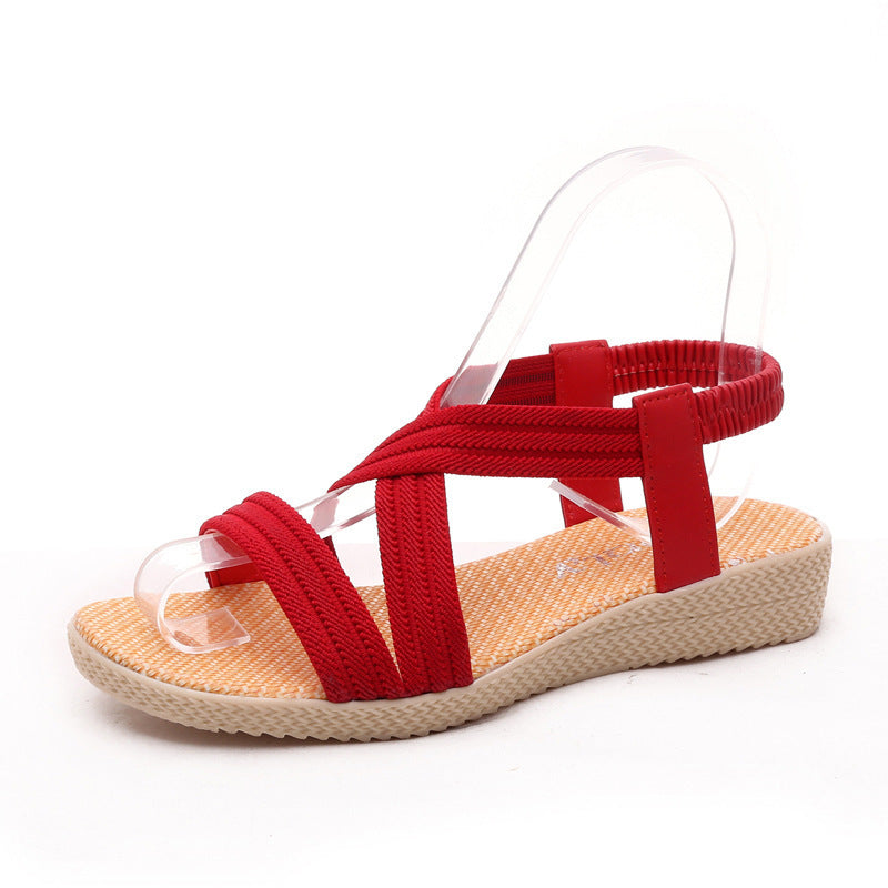 Women's Flat Fish Mouth Sandals Solid Color Elastic Band Roman Sandals