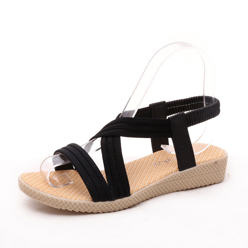 Women's Flat Fish Mouth Sandals Solid Color Elastic Band Roman Sandals