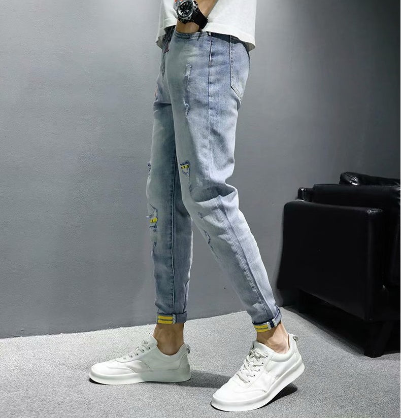 Ripped Jeans Men'S Summer Thin Section Korean Version Of The Trend Handsome Self-Cultivation Small Feet Casual Nine-Point Pants Power Tide Brand