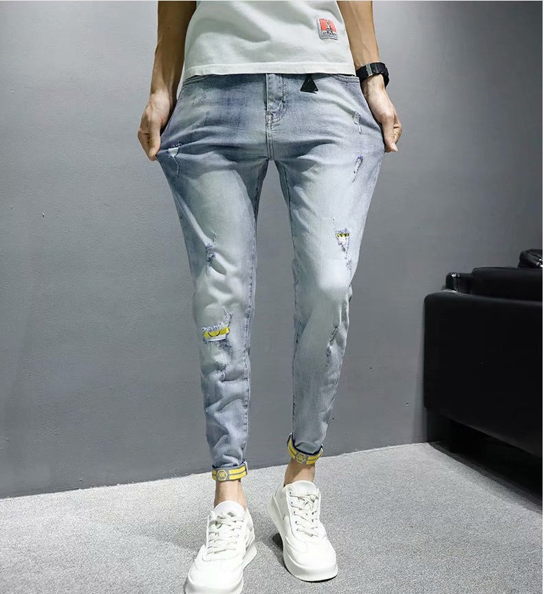 Ripped Jeans Men'S Summer Thin Section Korean Version Of The Trend Handsome Self-Cultivation Small Feet Casual Nine-Point Pants Power Tide Brand