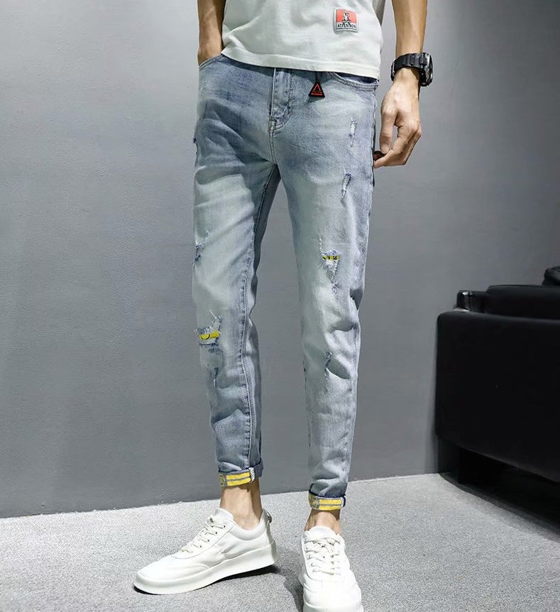 Ripped Jeans Men'S Summer Thin Section Korean Version Of The Trend Handsome Self-Cultivation Small Feet Casual Nine-Point Pants Power Tide Brand