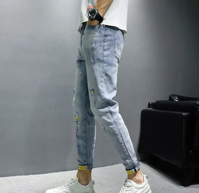 Ripped Jeans Men'S Summer Thin Section Korean Version Of The Trend Handsome Self-Cultivation Small Feet Casual Nine-Point Pants Power Tide Brand