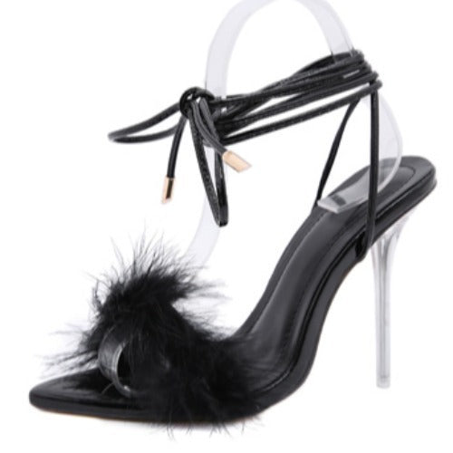 Sexy Feather Strap Transparent Crystal Pointed High Heels