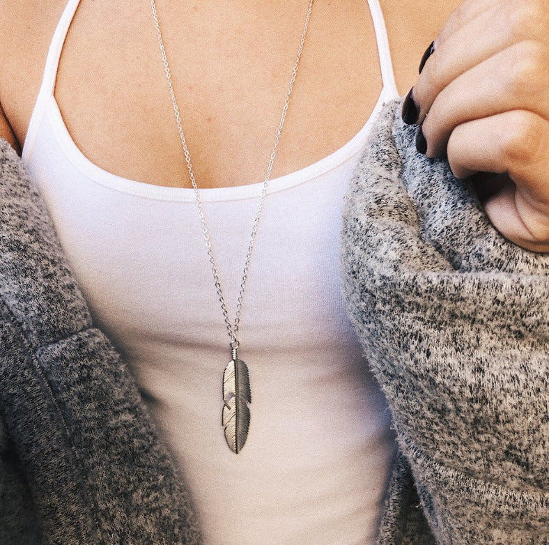 Boho Style Sweater Chain Long Feather Tassel Necklacer