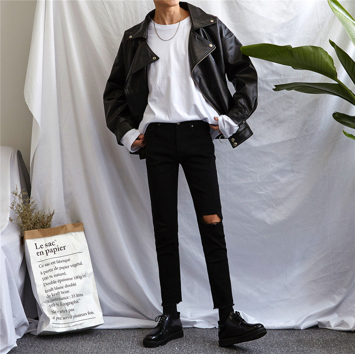 Korean Style Ripped Jeans Men'S 9-Point Small Feet Youth Slim Trend Black Nine-Point Pants