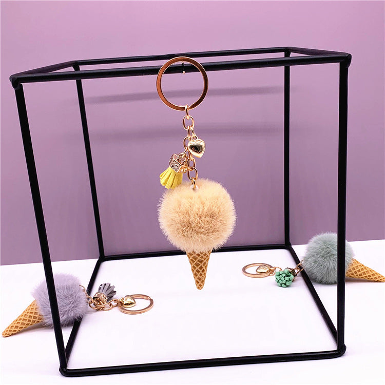 Ice Cream Keychain Cute Bag Cartoon Plush Pendant Cone Car Key Chain Ring Hair Ball Creative Gift