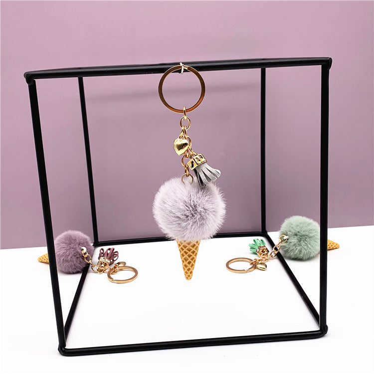 Ice Cream Keychain Cute Bag Cartoon Plush Pendant Cone Car Key Chain Ring Hair Ball Creative Gift