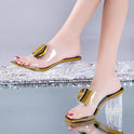 Slippers Women'S Outer Wear High-Heeled Thick-Heeled Square Toe Rhinestone Transparent Sandals Korean Women'S Shoes