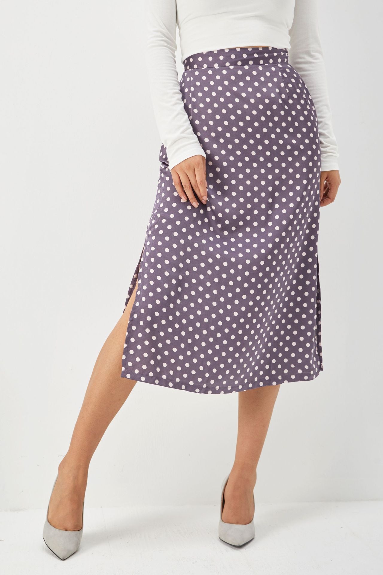 Slim-Fit Slit Satin Bread Hip Skirt High-Waist Mid-Length Zipper Polka-Dot Skirt