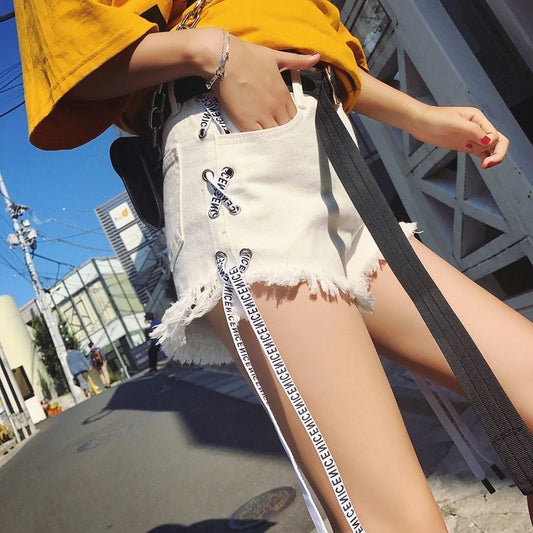 Vintage Snowflake Inelastic Women Denim Shorts With high Waist Straps Tassel Female Summer Shorts For Women's jeans