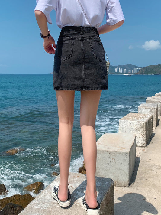 Small Black Denim Skirt Female Slim Short Skirt A-Line Ins High Waist Skirt Wrapped Hip Skirt