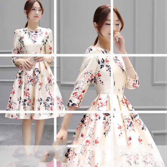 Summer New Three-Quarter Sleeves Puffy Skirt Mid-Length Temperament Bottoming Slim Dress