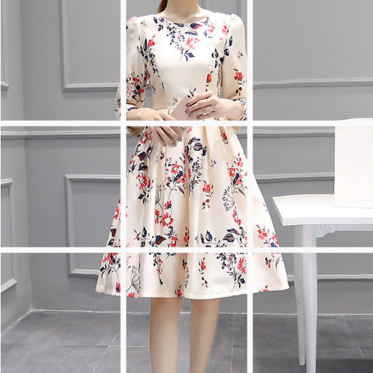 Summer New Three-Quarter Sleeves Puffy Skirt Mid-Length Temperament Bottoming Slim Dress