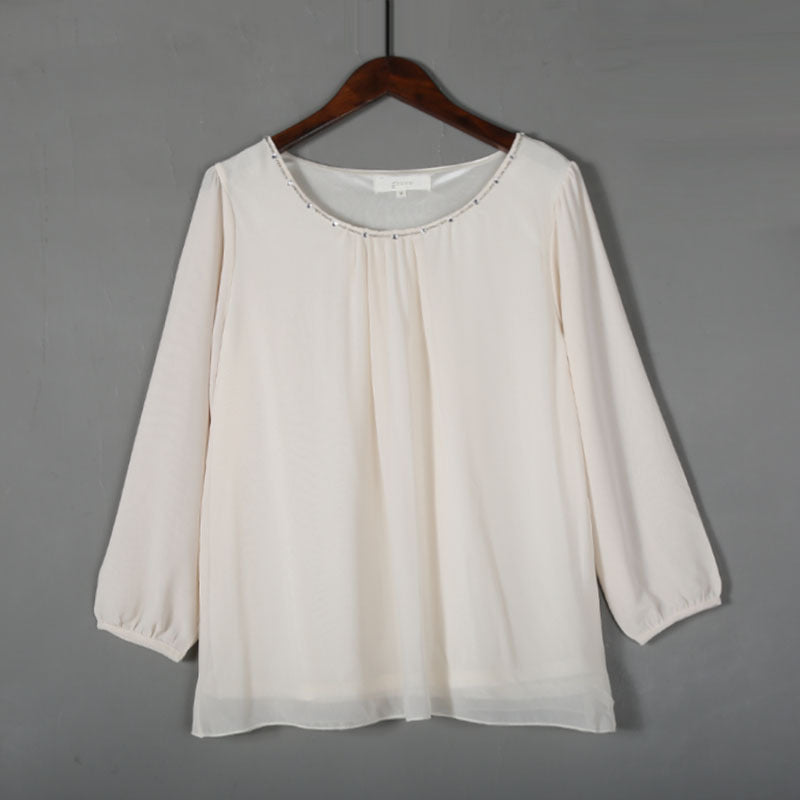 Long Sleeve Round Neck Pullover Casual Chiffon Shirt