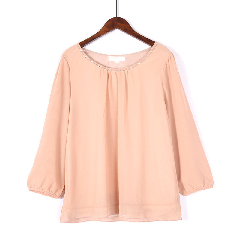 Long Sleeve Round Neck Pullover Casual Chiffon Shirt