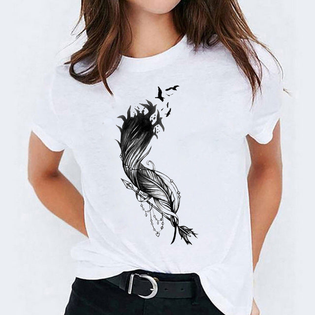 Foreign Trade Color Feather Ink Painting Women'S Printed Short Sleeve T-Shirt