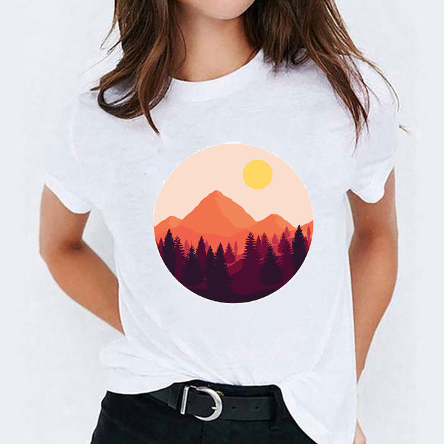 Foreign Trade Color Feather Ink Painting Women'S Printed Short Sleeve T-Shirt