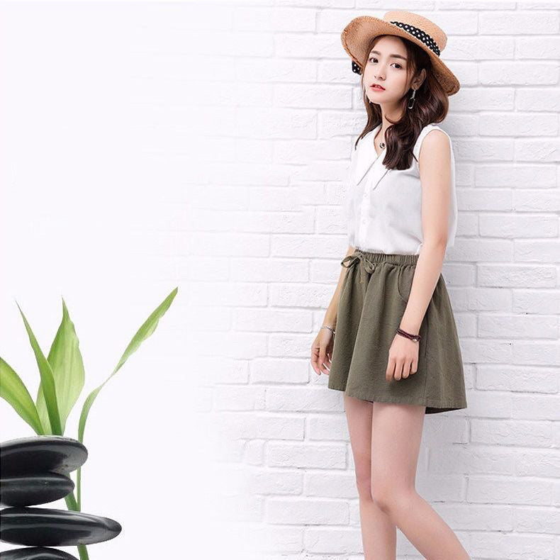 High Waist A-Line Cotton And Linen Shorts