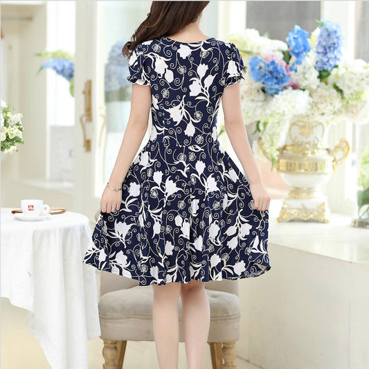 Women's Dress Short Sleeve Slim Print Floral Skirt Long Size Children Summer New