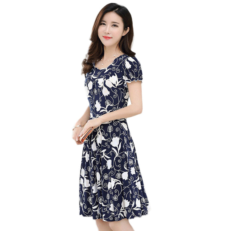 Women's Dress Short Sleeve Slim Print Floral Skirt Long Size Children Summer New