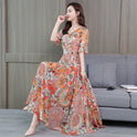 Spring And Summer Slim Printed Dress Mid-Length Beach Skirt Middle-Aged And Elderly Women'S Clothing